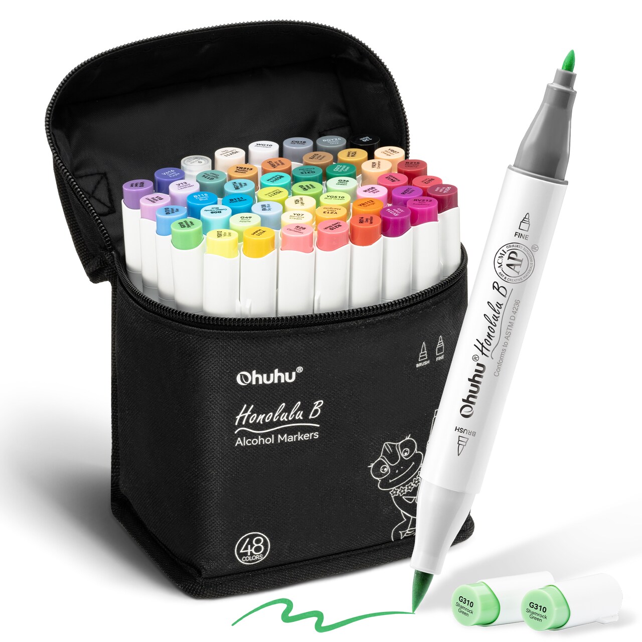Ohuhu Alcohol Markers Brush Tip -Double Tipped Art Marker Set for Artist Adults Coloring Illustration -48 Colors -Brush & Fine -Honolulu B -Refillable